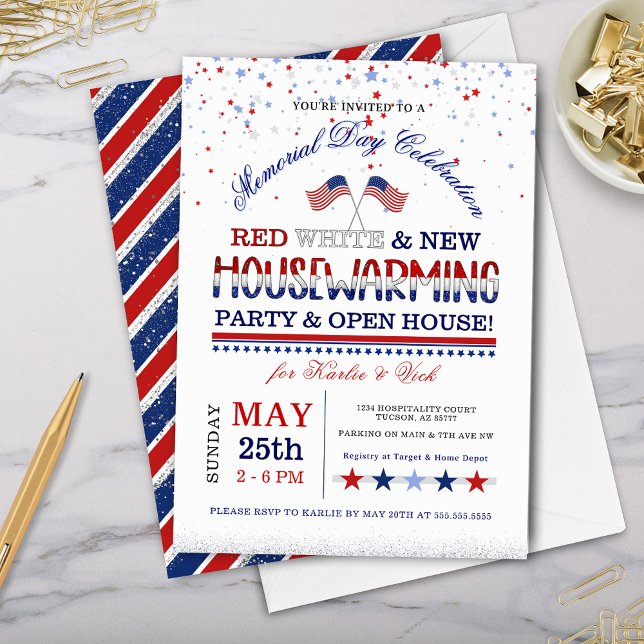 Convite Dia Memorial Red White Novo Partido do Aquecimento (memorial day housewarming party invitations with patriotic red white and blue new house inivtes)