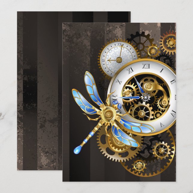 Convite Dials Steampunk com Libélula (Frente/Verso)