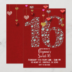 Convite Diamante 16 Corações de São Valentim Festa de Aniv