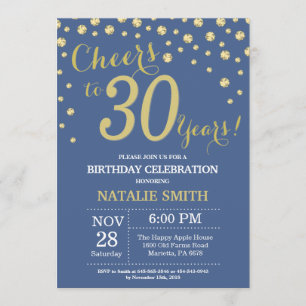 Convite Diamante aniversário de 30 anos azul e Dourado