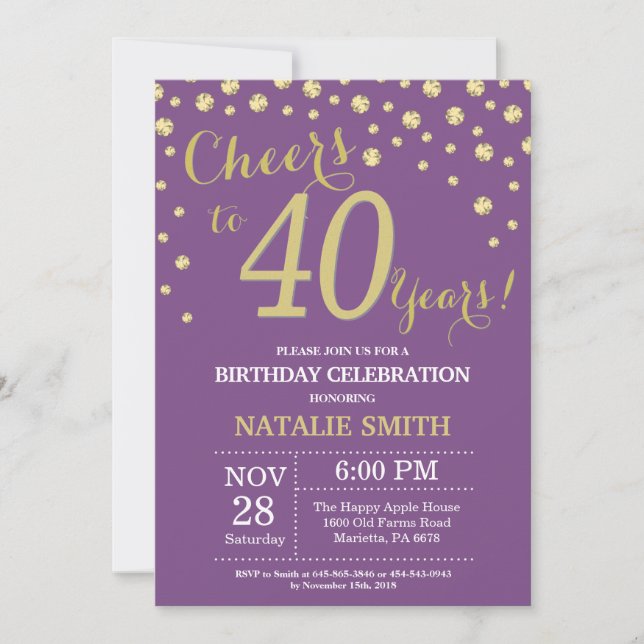Convite Diamante aniversário de 40 anos roxo e Dourado (Frente)