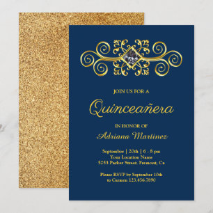 Convite Diamante Azul Dourado Azul Marinho Quinceanera