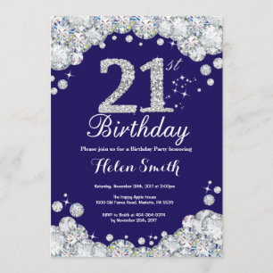 Convite Diamante Azul e Prata do Marinho aniversário de 21