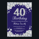 Convite Diamante Azul e Prata do Marinho aniversário de 40<br><div class="desc">Convite para aniversário de 40 anos. Diamante Azul marinho e Rinotraqueíte Prateada. Convidado Elegante Birthday Bash. Aniversário Adulto. Mulheres Aniversário. Homens Aniversário. Para mais personalização,  clique no botão "Personalizar" e use nossa ferramenta de design para modificar este modelo.</div>