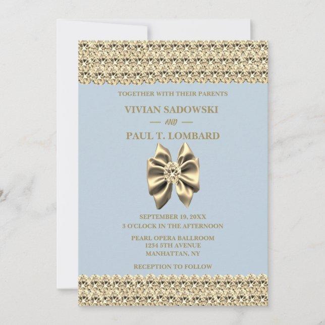 Convite Diamante Azul Elegante e Casamento Dourado (Frente)