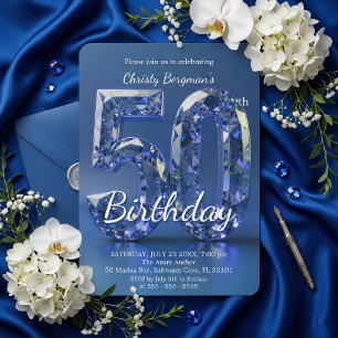 Convite Diamante Azul Safira Glamouroso Aniversário de 50