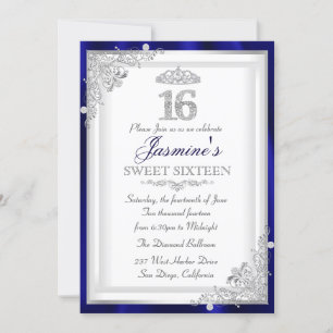 Convite Diamante Azul Silver Damask & Tiara Sweet 16 Invit