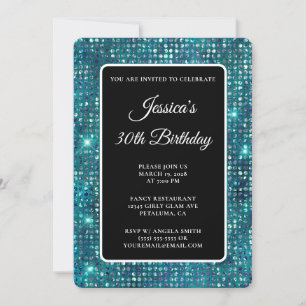 Convite Diamante Azul Teal Preto e aniversário de 30 anos 