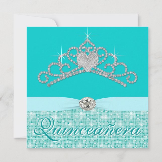 Convite Diamante Azul Teal Tiara Azul Quincenera (Frente)