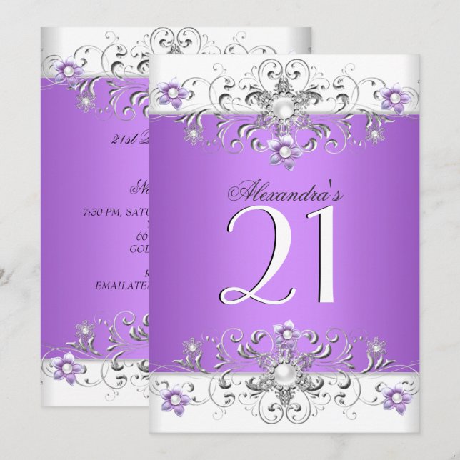Convite Diamante Branco Puro do aniversário de 21 anos (Frente/Verso)