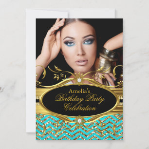 Convite Diamante Chevron Dourado e Turquesa Foto de Aniver