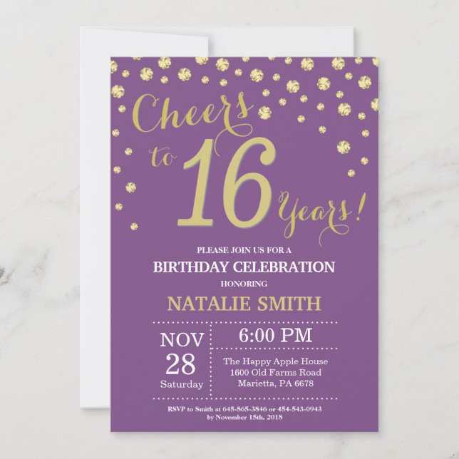 Convite Diamante de 16 Anos Roxo e Dourado (Frente)