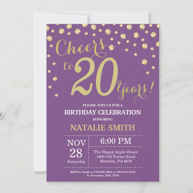 Convite Diamante de 20 Anos de Idade Roxo e Dourad (Frente)