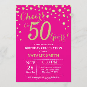 Convite Diamante de 50º aniversário, rosa quente e Doura