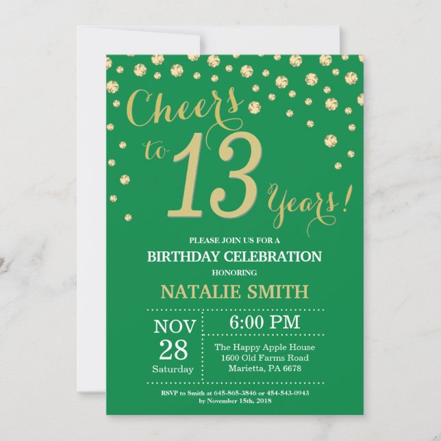 Convite Diamante de aniversário de 13 verde e Dourado (Frente)