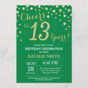 Convite Diamante de aniversário de 13 verde e Dourado