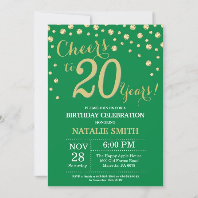 Convite Diamante de Aniversário de 20 anos Verde e Dourado (Frente)