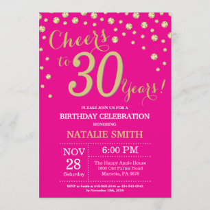 Convite Diamante de aniversário de 30 anos rosa-quente e D