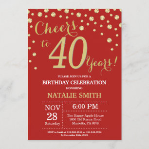 Convite Diamante de aniversário de 40 anos vermelho e Dour