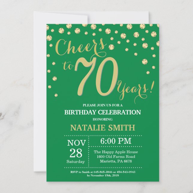 Convite Diamante de aniversário de 70 verde e Dourado (Frente)
