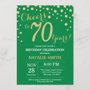 Convite Diamante de aniversário de 70 verde e Dourado