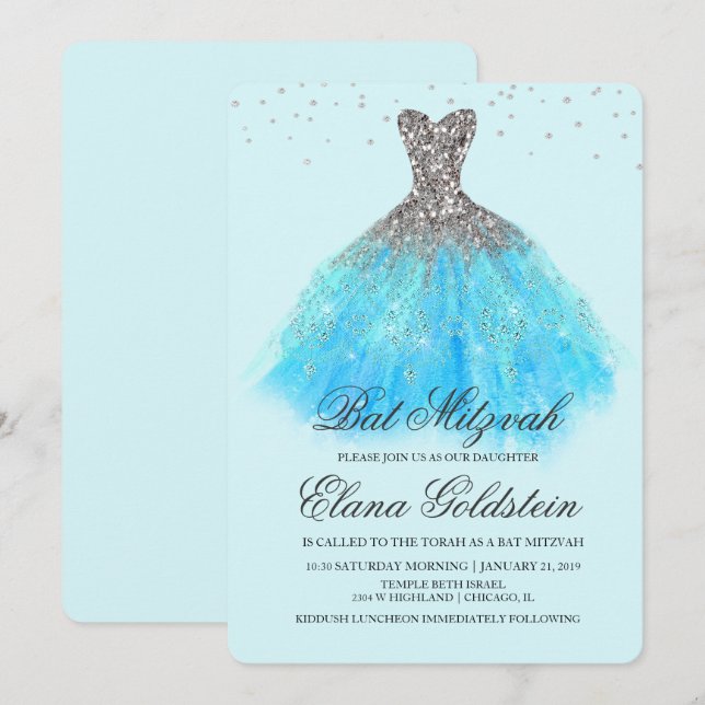 Convite Diamante de Bat Mitzvah com Brilho (Frente/Verso)