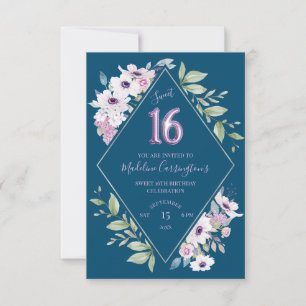 Convite Diamante de Flor Roxo e Azul Doce 16 Aniversário