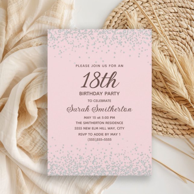 Convite Diamante de Prata Rosa, Brilhante 18º Aniversário (Elegant blush pink 18th birthday party invitation with silver glitter)