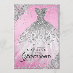 Convite Diamante de Prata Rosa, Lace Sparkle Gown Quincean