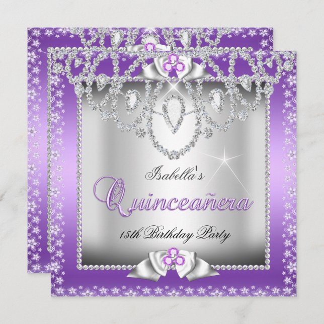 Convite Diamante de Prata Roxo Quinceanera 15 (Frente/Verso)