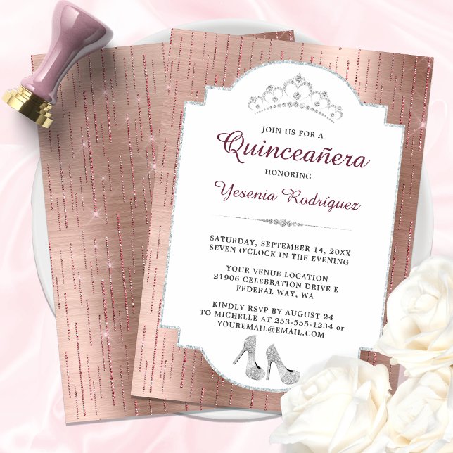 Convite Diamante de Sparkle rosa Dourado Tiara Quinceañera (Rose Gold Sparkle Diamond Tiara Quinceañera Invitation)