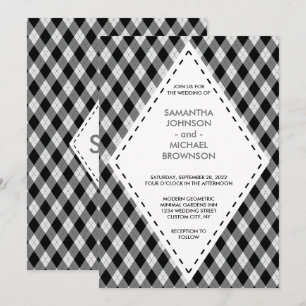Convite Diamante de Tartan Irlandês Preto Cinza Casamento