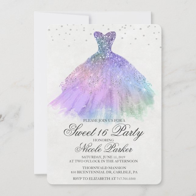 Convite Diamante de Vestido com Brilho para Sweet  (Frente)