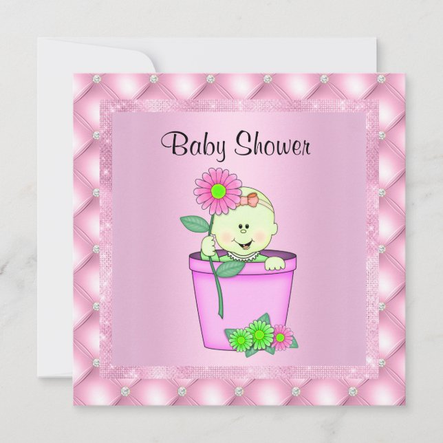 Convite Diamante do CHÁ DE FRALDAS de PINK FLOWERPOT (Frente)