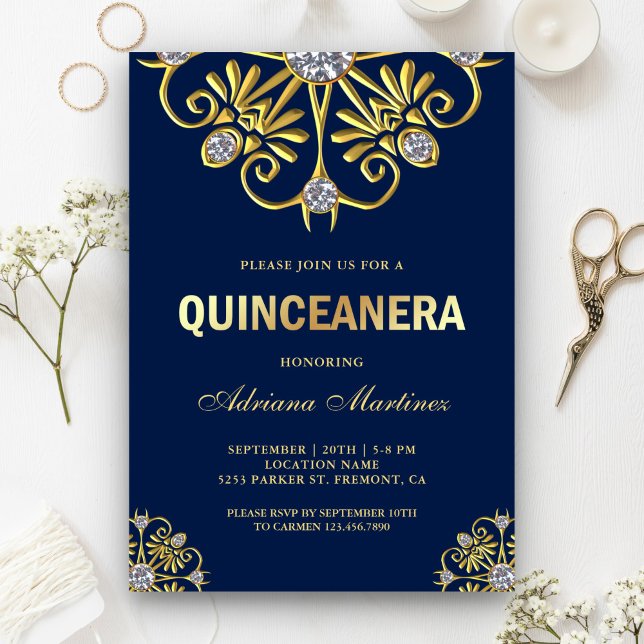 Convite Diamante Dourado Azul Mandala Quinceanera (Criador carregado)