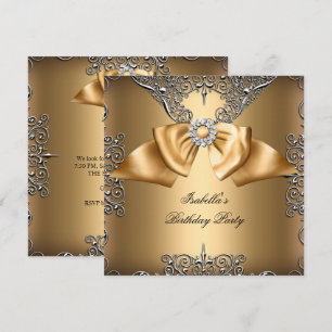 Convite Diamante Dourado Bege Laço Prata Elegante Aniversá
