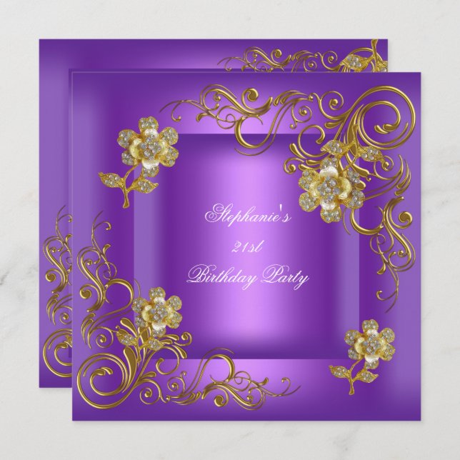 Convite Diamante Dourado Roxo do Partido aniversário de 21 (Frente/Verso)