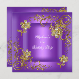 Convite Diamante Dourado Roxo do Partido aniversário de 21