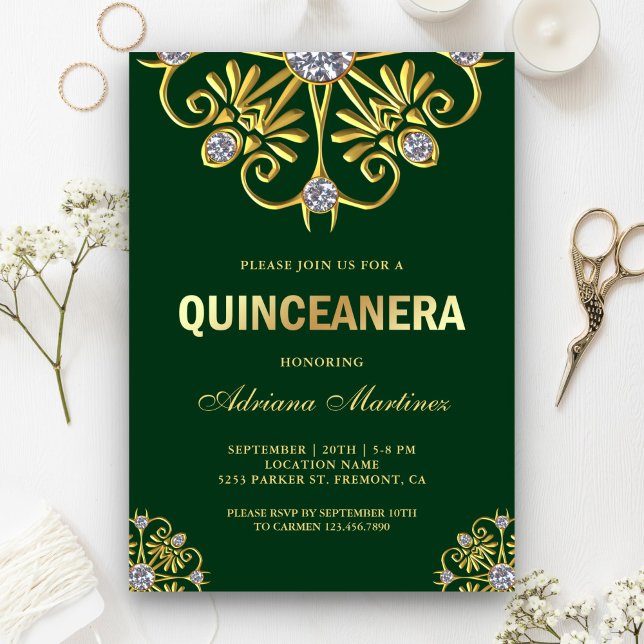 Convite Diamante Dourado Verde Mandala Quinceanera (Criador carregado)