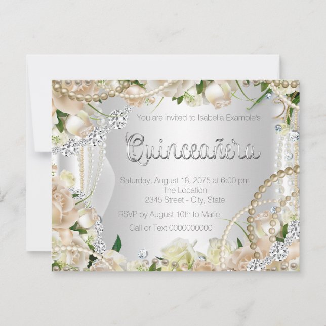 Convite Diamante e Pearl Rosa Quinceanera (Frente)
