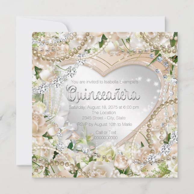 Convite Diamante e Pérola Rosa Branca Quinceanera (Frente)