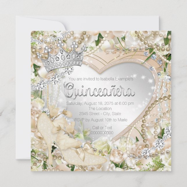 Convite Diamante e Pérola Rosa Branca Quinceanera (Frente)