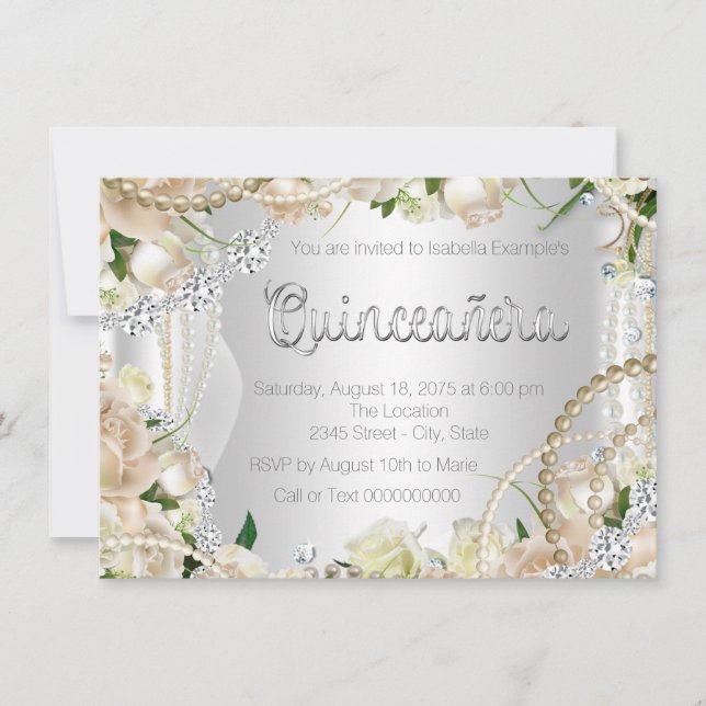 Convite Diamante e Pérola Rosa Quinceanera (Frente)