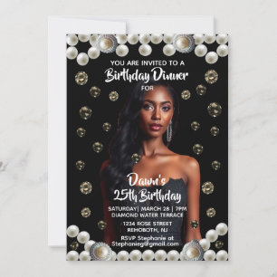 Convite Diamante Elegante, Foto Preta com Pérola