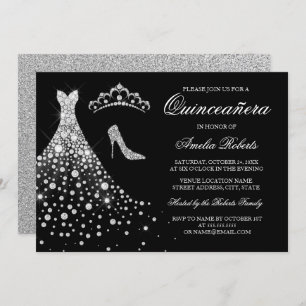 Convite Diamante Negro Prateado Tiara Quinceanera