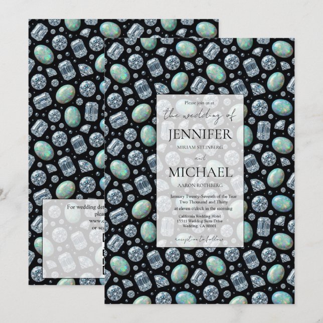 Convite Diamante + Opalas Formal | Casamento com QR Code d (Frente/Verso)