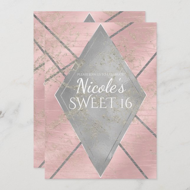 Convite Diamante Prata Rosa Glam Doce Festa de 16 Anos QUA (Frente/Verso)