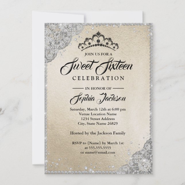 Convite Diamante Renda Brilho Dourado Prata Sweet Sixteen (Frente)