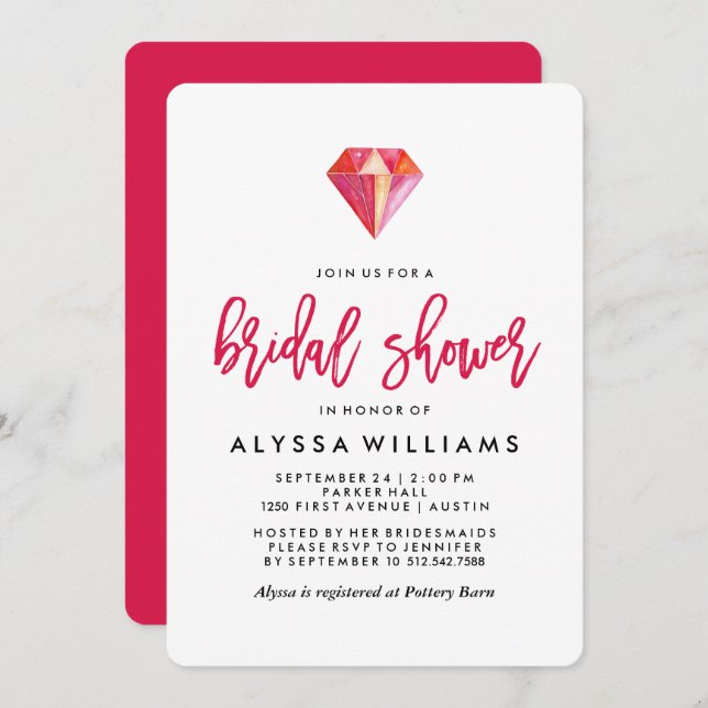 Convite Diamante Rosa| Chá de panela De Gem De Aquarela (Frente/Verso)