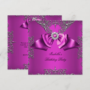 Convite Diamante Rosa Laço Prata Elegante Aniversário